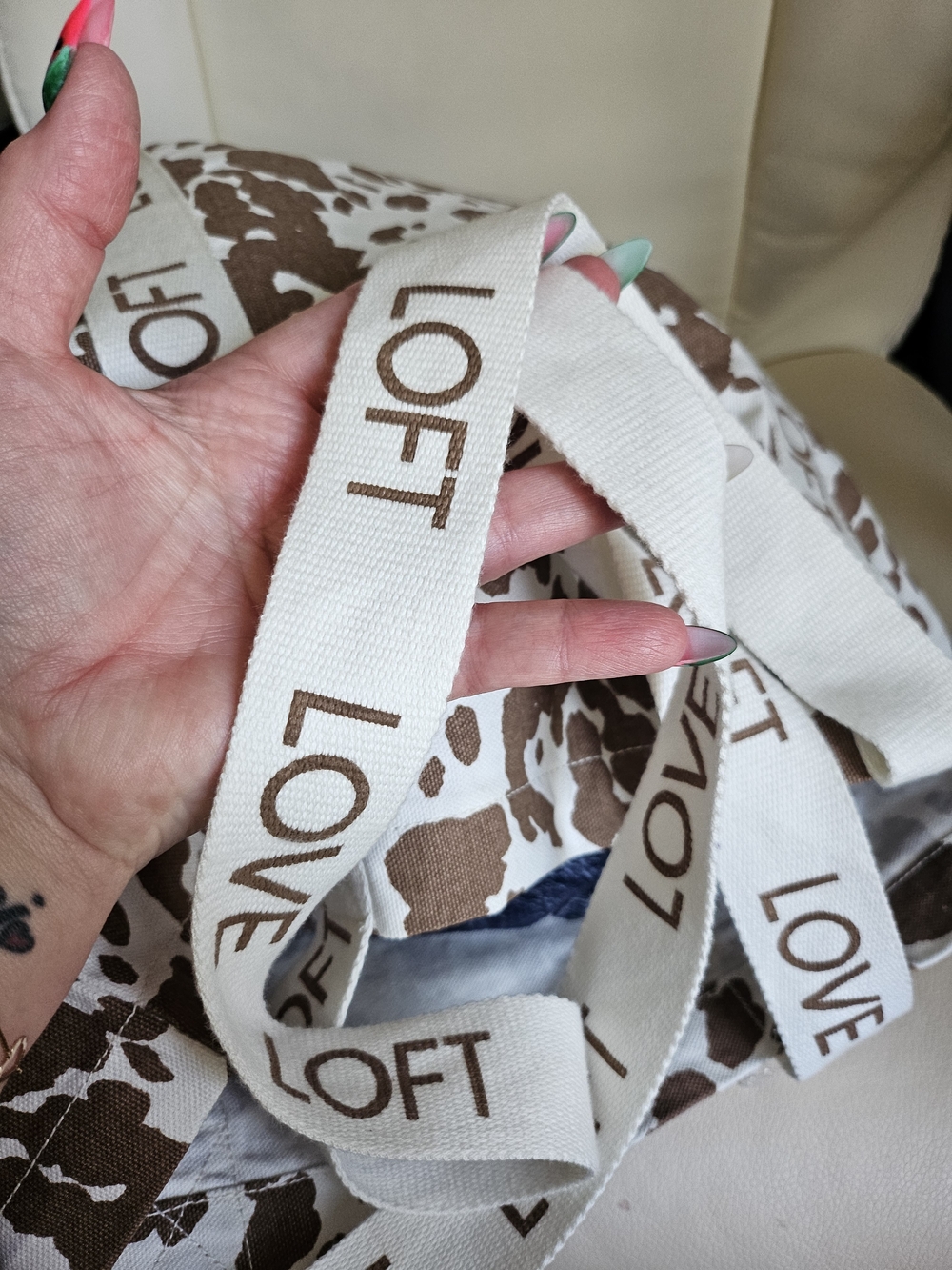 LOFT Brown and Cream Cowprint Canvas Tote with LOVE LOFT Straps - Picture 9 of 9